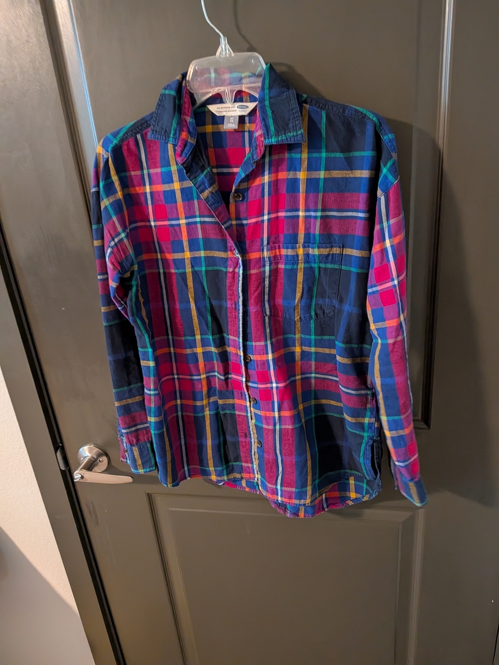 Old Navy Plaid Button-Up Shirt in Navy, Pink, Yellow